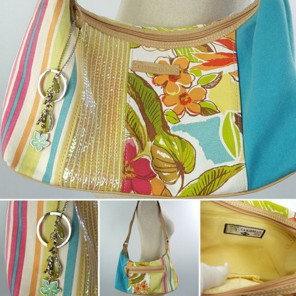 Caribbean Joe Let Go shoulder bag Canvas and Vinyl Sequinned Floral Pattern - Picture 2 of 10